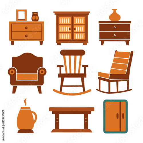 Set of wooden furniture icons