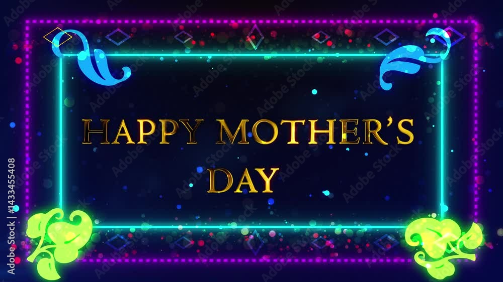 Happy Mother's Day wishing greetings background gold text glitter particle 4K. Greeting card joyful message clip. Lovely gold lettering fairy dust shimmering, ornamental frame. Party of love and care.