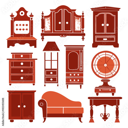 Set of wooden furniture icons