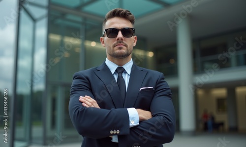 Wallpaper Mural a security guard standing at the entrance of a modern building, arms crossed, serious expression Torontodigital.ca