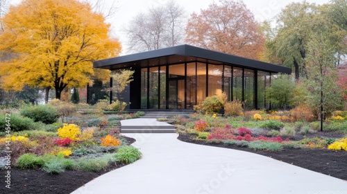 Modern glass pavilion nestled within a vibrant autumn garden