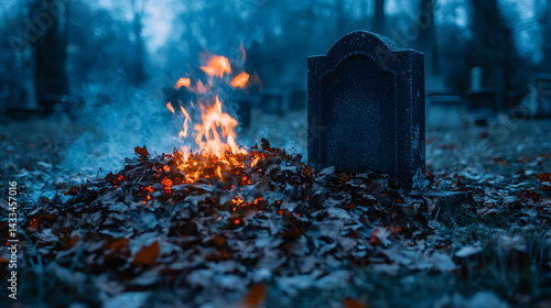 Burning leaves at a cemetery near a tombstone at dusk