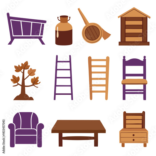 Set of wooden furniture icons