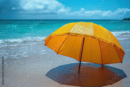 Wallpaper Mural Bright yellow umbrella on sandy beach with tranquil ocean view Generative AI Torontodigital.ca