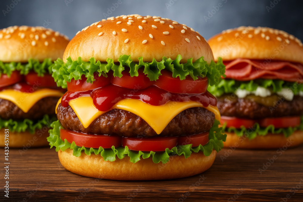 Close up of juicy cheese hanburger with ketchup Close up of juicy cheese hanburger with ketchup