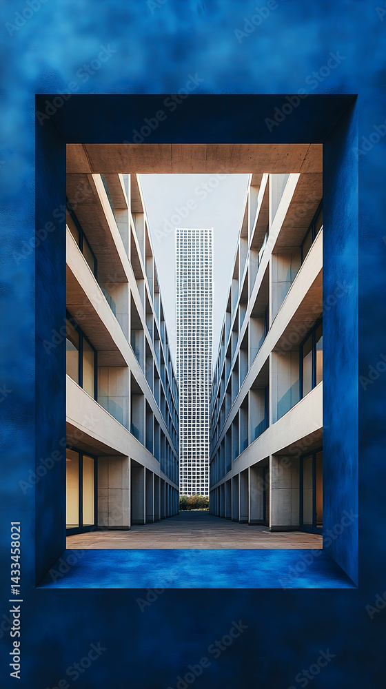 Fototapeta premium Modern building framed by a blue structure showcasing architectural symmetry and a tall skyscraper in the distance