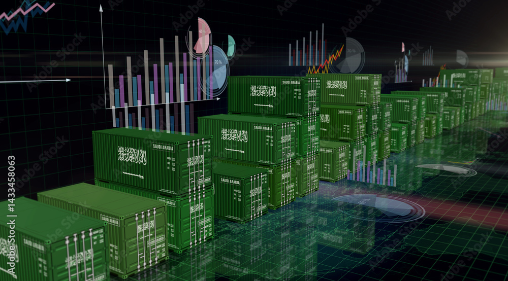 Saudi Arabia export cargo containers with charts and diagrams