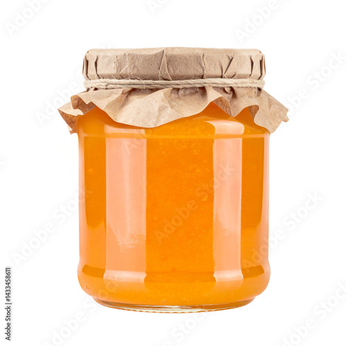 A glass jar of homemade orange marmalade jam with a brown paper lid and twine tied around it, Jam jar mockup isolated on white background.