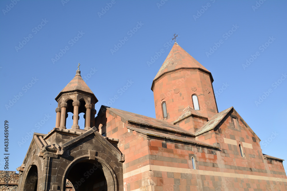 Fototapeta premium Monastery in the middle of the mountains. Armenian Apostolic Church Khor Virap. Church in the middle of the fortress. Armenian architecure