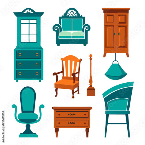 Set of wooden furniture icons