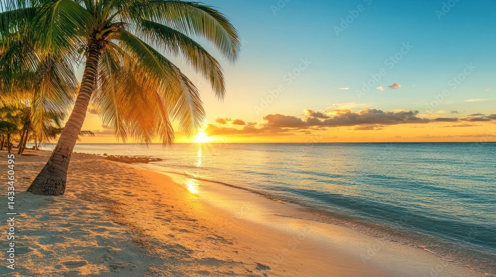 Fototapeta premium Tropical Beach with Palm Tree at Sunset Over a Turquoise Sea