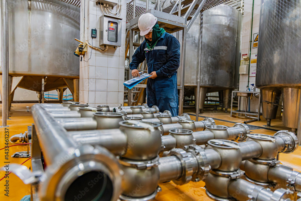 Male work inspection process stainless steel pipe stainless with pressure meter in equipment tank facility for drink cellar at the with vertical stainless valve