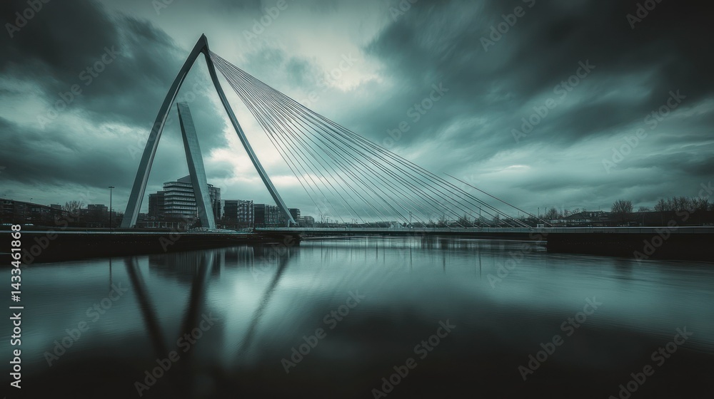 Obraz premium Dramatic bridge structure over tranquil water with cloudy skies overhead
