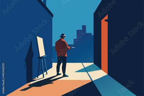 street artist painting in sheltered alley .eps
