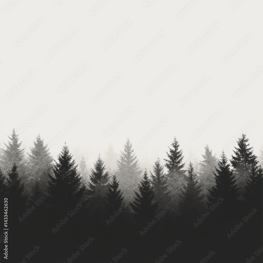 Obraz premium Minimalist grayscale forest landscape showcasing layered silhouette of pine trees