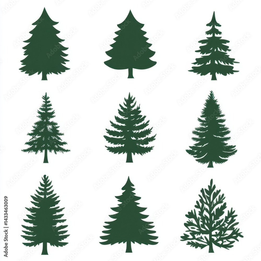 Silhouette Christmas tree vector set featuring various pine tree designs on white background Silhouette Christmas tree vector set featuring various pine tree designs on white background