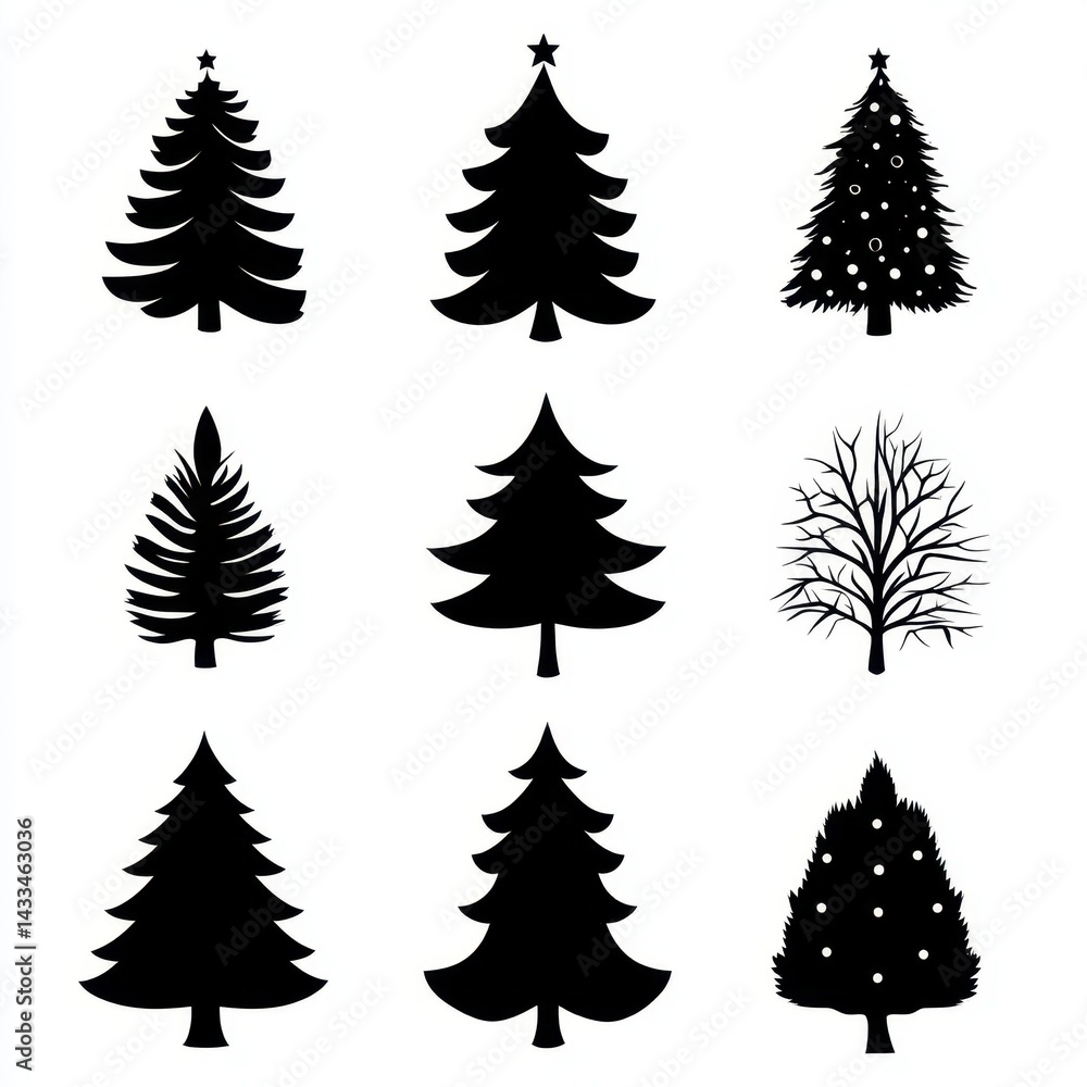 Obraz premium Silhouette Christmas tree set features various simple designs in black and white