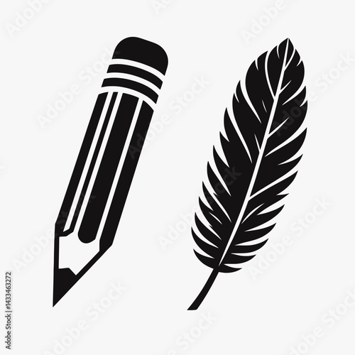  very simple flat and single minimalist Pencil  Feather Silhouettes in black on a white background 