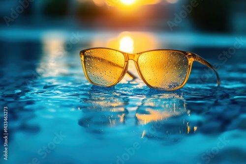 Wallpaper Mural Sunglasses resting in a pool with water droplets at sunset Generative AI Torontodigital.ca