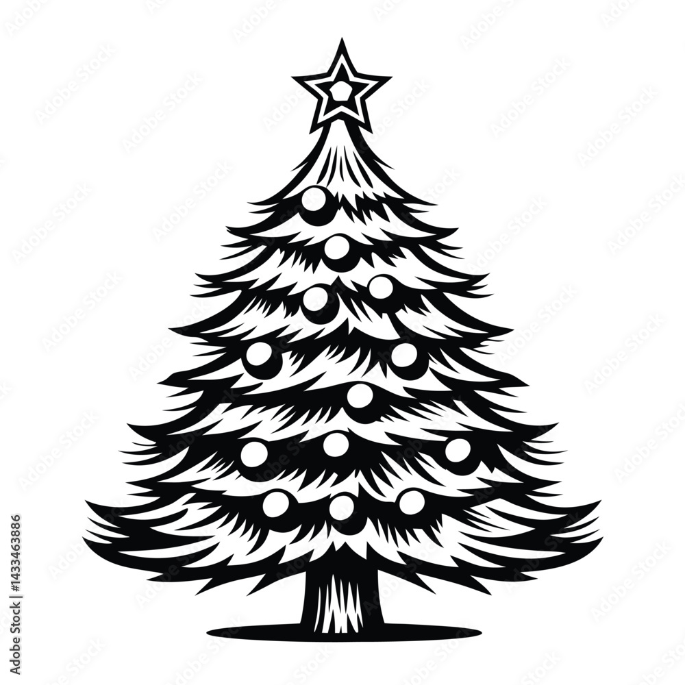 Obraz premium Christmas Tree Silhouette with Star Topper and Ornament Decorations, Black and White