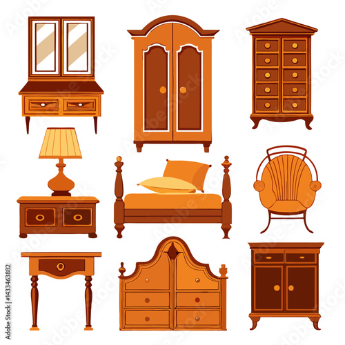 Set of wooden furniture icons