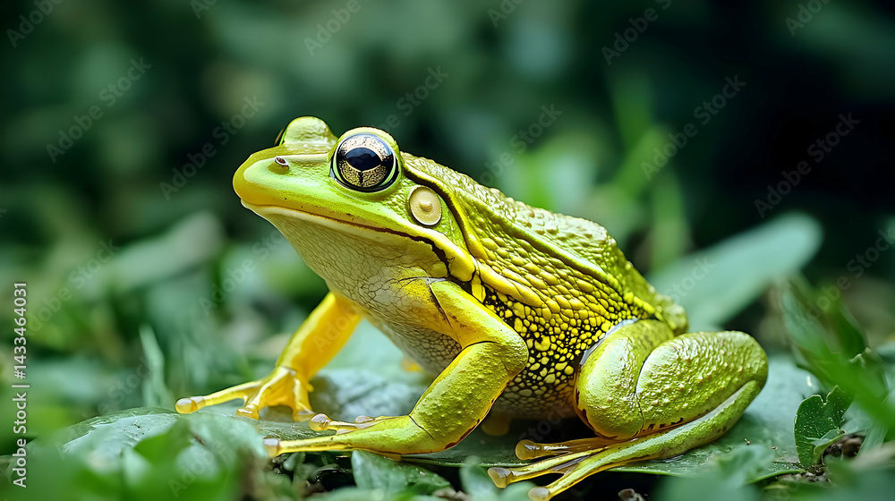 Fototapeta premium Vibrant Green Frog Sitting on a Leaf with Textured Skin and Focused Eyes Against Blurry Green Foliage