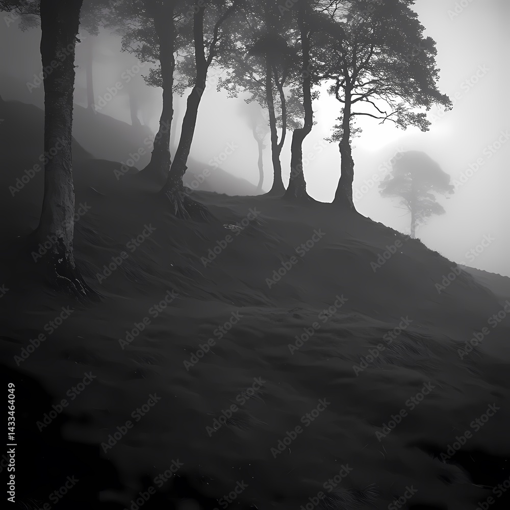 Fototapeta premium Foggy Hillside Path, Trees, Misty Landscape, Nature, Solitude