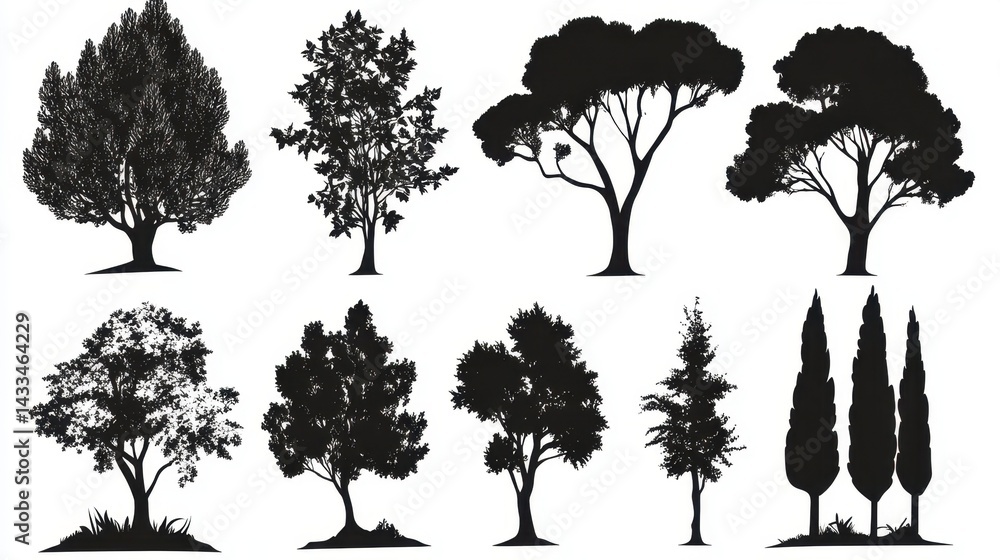 Fototapeta premium Silhouette vector design of diverse tree types on a white background with sharp lines