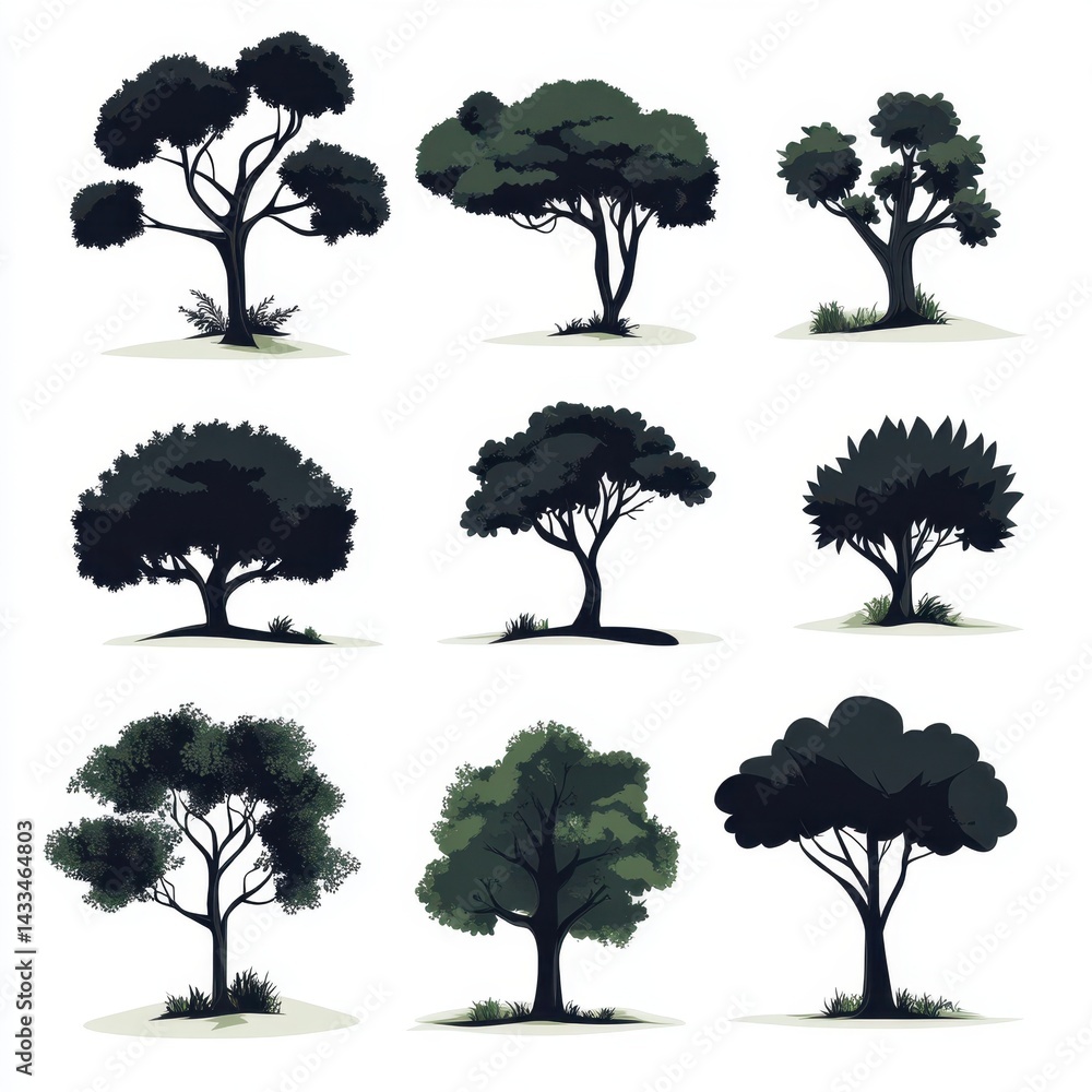 Fototapeta premium Collection of black tree silhouettes isolated on white background for design use