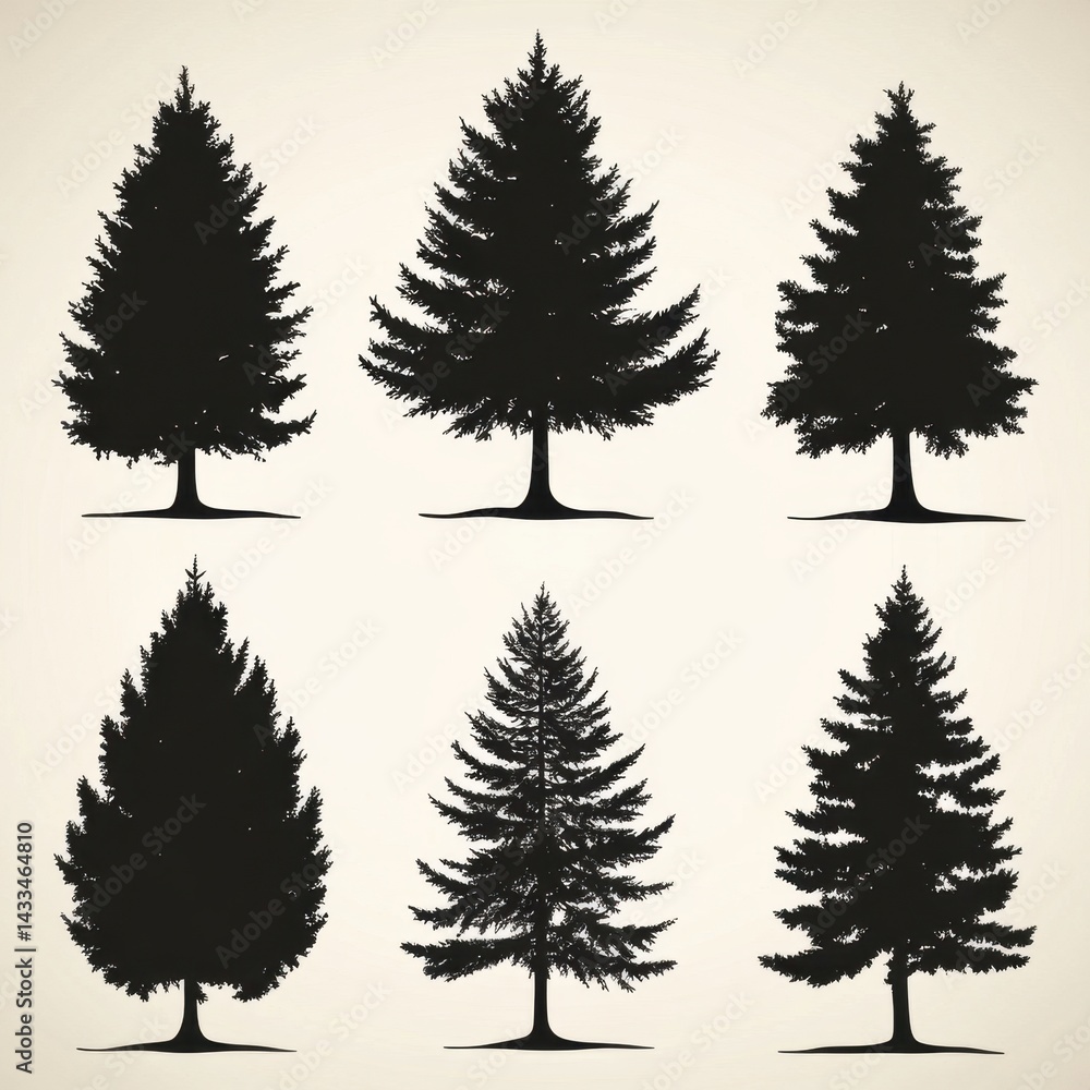 Fototapeta premium Vector set of detailed black tree silhouettes on a white background