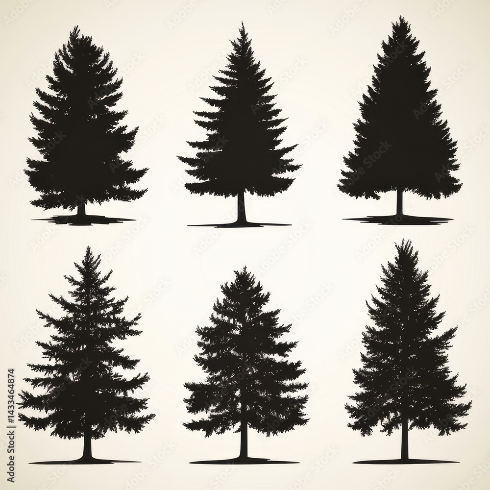 Obraz premium Vector set featuring detailed black tree silhouettes isolated on a white background