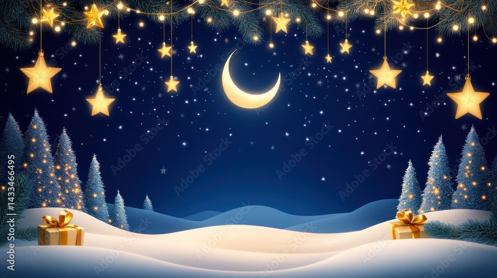Fototapeta premium Festive Winter Night Scene With Gifts And Stars