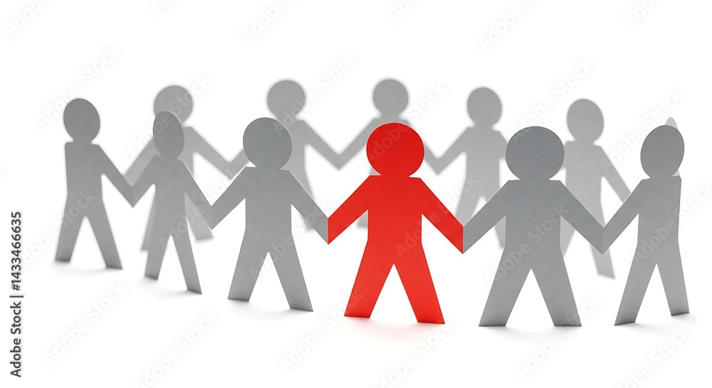 Paper People Holding Hands with One Red Figure Standing Out Paper People Holding Hands with One Red Figure Standing Out