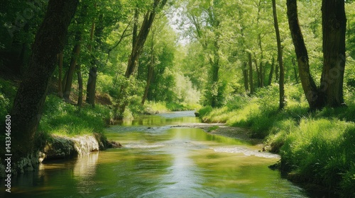 A serene and sunlit river flows through a lush green forest