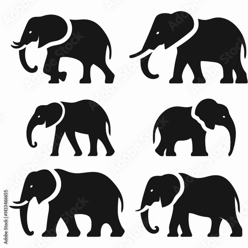  very simple flat and single minimalist Elephant Silhouettes in black on a white background 