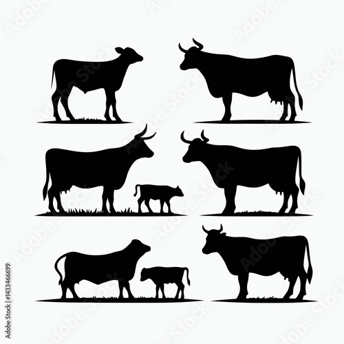  very simple flat and single minimalist Cow Silhouettes in black on a white background 