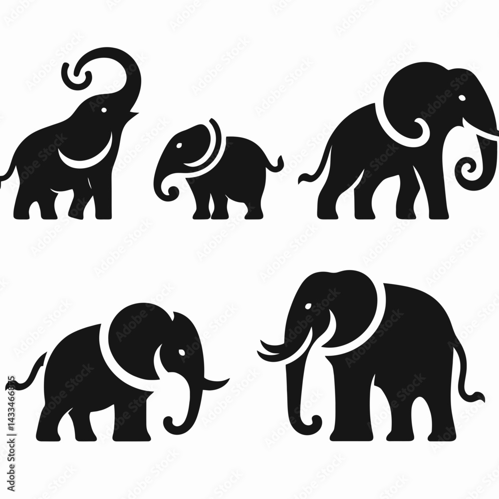 very simple flat and single minimalist Elephant Silhouettes in black on a white background very simple flat and single minimalist Elephant Silhouettes in black on a white background