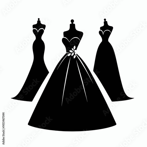 very simple flat and single minimalist Wedding Gown Silhouettes in black on a white background 
