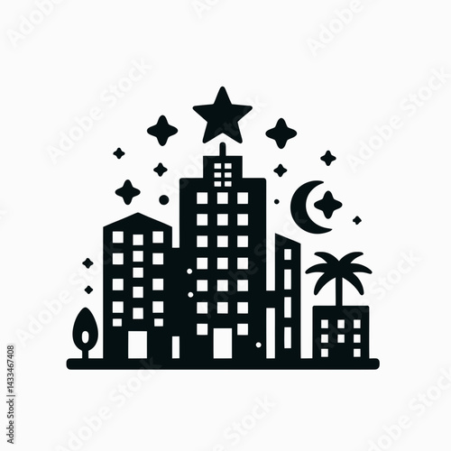  very simple flat and single minimalist Four Star Hotel Silhouettes in black on a white background 
