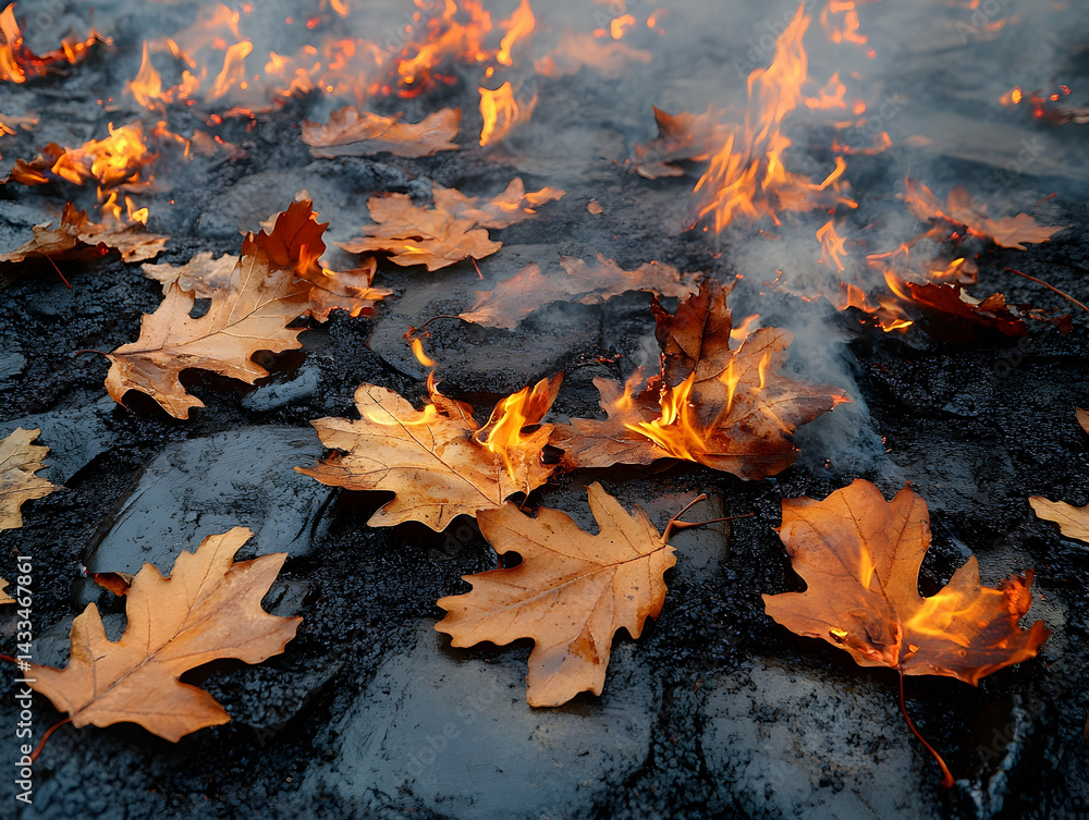 Fallen leaves ablaze on a dark surface surrounded by rising smoke and bright flames Fallen leaves ablaze on a dark surface surrounded by rising smoke and bright flames