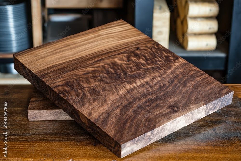 Fototapeta premium Dark brown wooden cutting board resting on a workbench.