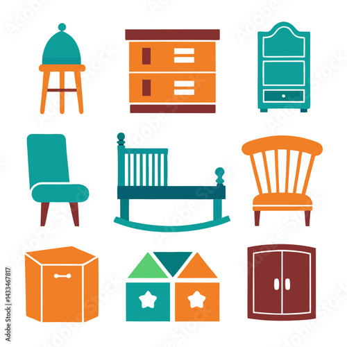 Set of wooden furniture icons