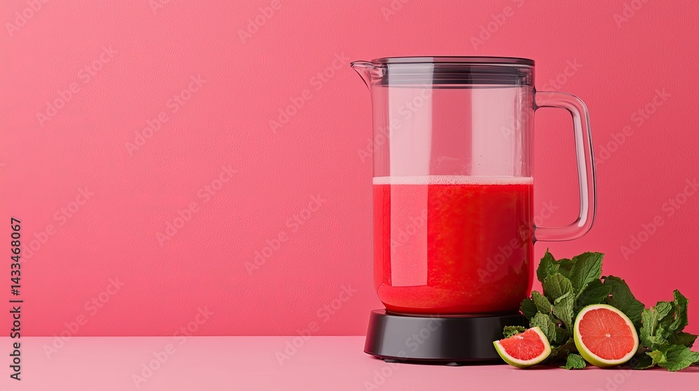 Obraz premium juice blender cold concept. Blender with a vibrant red mixture and fresh fruit on a pink background.