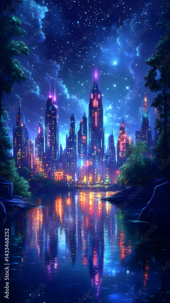 Fototapeta premium Futuristic city skyline reflected in calm water under a starry night sky
