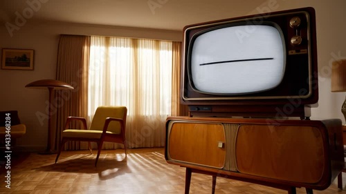 Vintage television with blank screen in retro living room with sunlight through curtains

