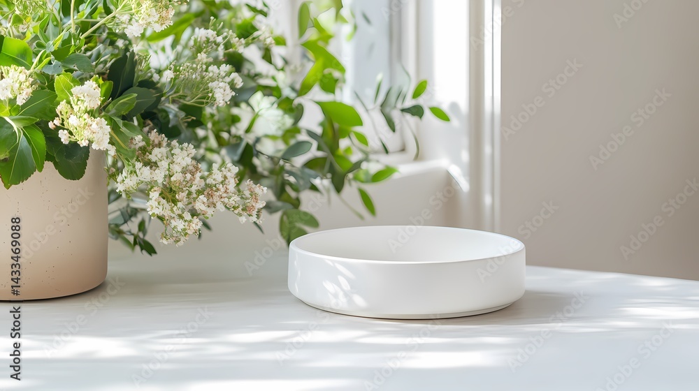 Fototapeta premium White bowl on table, flowers near window, sunlight. Product display