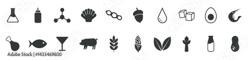 Simple Isolated Vector Logo Set Badge Ingredient Warning Label. Black and white Allergens icons. Food Intolerance.