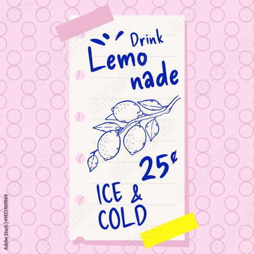 Lemonade Trendy poster, banner, card concept. Design template with hand drawn illustration in doodle style. Lemon drink with hand written slogan, price. Lettering for branding, AD, social media post