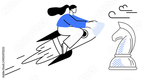 Woman riding swiftly on a rocket toward a chess knight, representing ambition, strategic thinking, and progress. Ideal for leadership, creativity, planning, decision-making, innovation growth