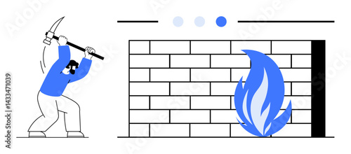 A person with a raised pickaxe breaks a brick wall next to a blue flame representing resilience. Ideal for concepts thumbs up achievement, challenge, determination, effort, innovation, persistence